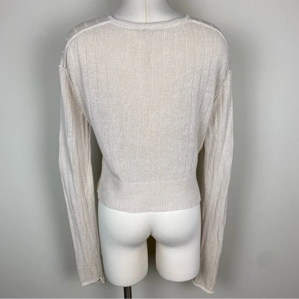 Free People Got Me Twisted Sweater Beige Sz S Front Knot Linen Blend Long Sleeve